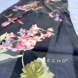 Echo Black Scarf with Pink Blossoms and Green Foliage